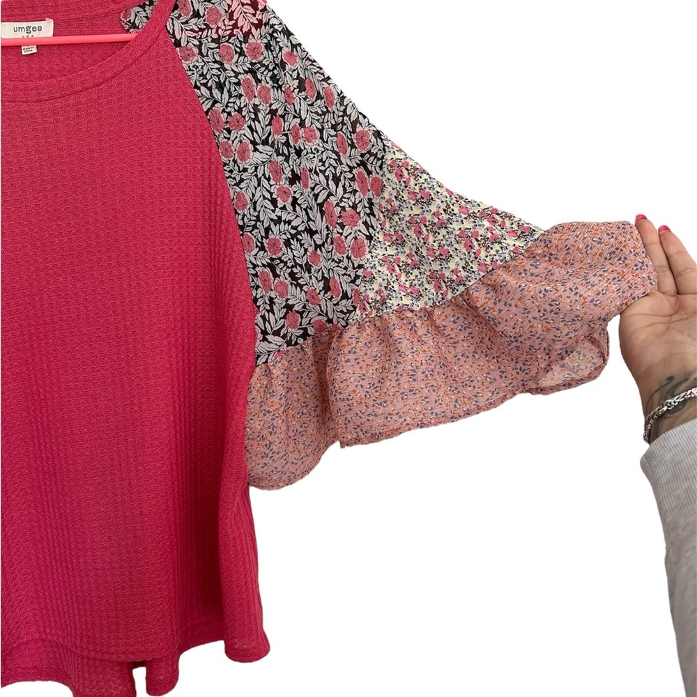Umgee Vibrant Fuchsia Floral Butterly Ruffle Sleeve Waffle-knit Top Size S - Picture 2 of 5